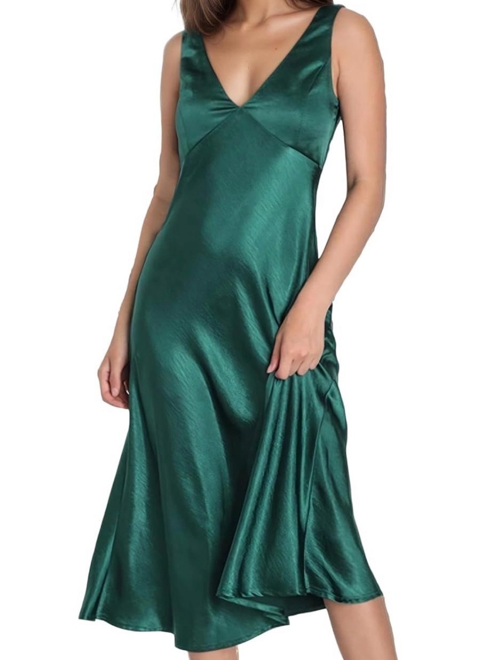 Emerald Green Satin V-Neck Slip Dress